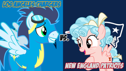 Size: 1920x1080 | Tagged: safe, artist:blackm3sh, artist:luckreza8, cozy glow, soarin', pony, g4, afc divisional round, american football, clothes, los angeles chargers, new england patriots, nfl, nfl divisional round, nfl playoffs, sports, uniform, vector, wonderbolts uniform