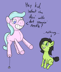 Size: 777x924 | Tagged: safe, artist:happy harvey, oc, oc only, oc:filly anon, inflatable pony, pony, balloon, balloon popping, colored, dialogue, female, fetish, filly, floating, grin, inflatable, inflatable fetish, inflatable toy, lies, needle, nervous, nervous smile, popping, rock, shading, sitting, smiling, string, this will end in death, this will not end well