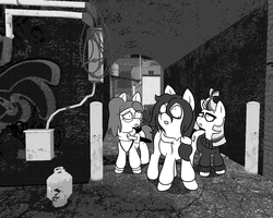 Size: 1280x1024 | Tagged: safe, artist:scraggleman, moondancer, oc, oc:floor bored, oc:taku, pony, unicorn, g4, clothes, female, glasses, hoodie, monochrome, story included, story:lost and found, sweater, teary eyes, worried