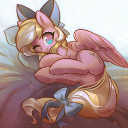 Size: 1994x1994 | Tagged: safe, artist:mirroredsea, oc, oc only, oc:bay breeze, pegasus, pony, g4, bow, butt, commission, cute, female, hair bow, looking at you, lying down, mare, ocbetes, on side, one eye closed, pegasus oc, plot, smiling, smiling at you, solo, tail, tail bow, underhoof, wings, wink, winking at you