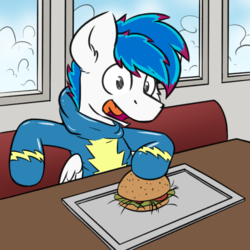 Size: 1280x1280 | Tagged: safe, artist:moemneop, oc, oc only, oc:kami, pegasus, pony, burger, clothes, food, hay burger, male, solo, stallion, uniform, wonderbolts uniform