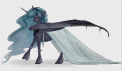 Size: 800x471 | Tagged: safe, artist:systemf4ilure, nightmare moon, princess luna, alicorn, pony, g4, bat wings, clothes, dress, female, solo, traditional art, unshorn fetlocks, wings