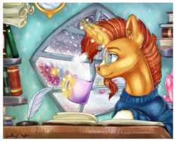 Size: 4600x3702 | Tagged: safe, artist:gaelledragons, artist:ilynalta, sunburst, pony, unicorn, g4, book, clothes, collaboration, crystal empire, facial hair, glasses, goatee, hot chocolate, hot drink, indoors, male, mug, quill, shelf, sitting, snow, solo, stallion, sweater, winter
