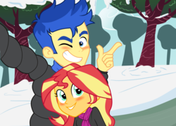 Size: 3500x2500 | Tagged: safe, artist:emperor-anri, flash sentry, sunset shimmer, equestria girls, g4, my little pony equestria girls: better together, clothes, female, high res, male, scarf, ship:flashimmer, shipping, snow, straight, tree, winter