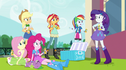 Size: 1280x717 | Tagged: safe, artist:red4567, edit, edited screencap, editor:slayerbvc, screencap, applejack, fluttershy, pinkie pie, rainbow dash, rarity, spike, spike the regular dog, sunset shimmer, dog, equestria girls, equestria girls specials, g4, my little pony equestria girls: dance magic, accessory-less edit, cooler, female, male, missing accessory, on back, sitting