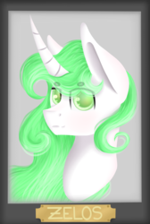 Size: 2004x2991 | Tagged: safe, artist:blocksy-art, oc, oc only, oc:zelos, pony, unicorn, bust, curved horn, high res, horn, male, portrait, solo, stallion