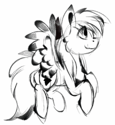 Size: 330x358 | Tagged: safe, artist:deraniel, rainbow dash, pegasus, pony, g4, animated, female, flying, gif, grayscale, monochrome, simple background, sketch, solo, white background