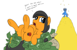 Size: 859x555 | Tagged: safe, artist:brisineo, pony, chubby, dancing, epic games, female, flossing (dance), gold, money, on back, ponified, simple background, smiling, sunglasses, valve, wallet, white background