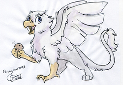 Size: 1234x855 | Tagged: safe, artist:crunchycrowe, oc, oc only, oc:der, griffon, chocolate chip cookie, cookie, food, male, solo, that griffon sure "der"s love cookies, traditional art, watercolor painting