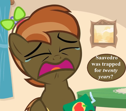 Size: 820x720 | Tagged: safe, artist:jan, edit, button mash, pony, button's adventures, g4, apple juice, beanie, cropped, crying, dialogue, hat, juice, myst, myst iii exile, speech bubble
