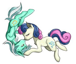 Size: 2542x2160 | Tagged: safe, artist:romablueberry, bon bon, lyra heartstrings, sweetie drops, earth pony, pony, unicorn, g4, blushing, collaboration, eyes closed, female, high res, lesbian, mare, ship:lyrabon, shipping, simple background, white background