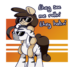 Size: 1650x1565 | Tagged: safe, artist:lou, oc, oc:louvely, oc:que bien, earth pony, pony, zebra, meme, ponies riding ponies, quevely, riding, sunglasses, they see me rollin', zebra oc