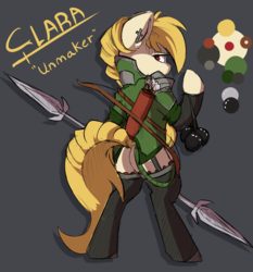 Size: 1694x1818 | Tagged: safe, artist:beardie, oc, oc only, oc:clara unmaker, pony, arrow, bipedal, bola, bow (weapon), bow and arrow, clothes, double bladed sword, garter belt, looking back, spear, stockings, thigh highs, weapon