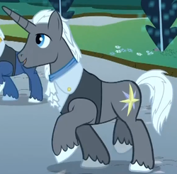 Size: 408x400 | Tagged: safe, screencap, south pole (g4), pony, unicorn, g4, the best night ever, at the gala, background pony, clothes, cropped, male, raised hoof, solo focus, stallion, vest