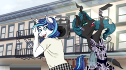 Size: 3024x1688 | Tagged: safe, artist:miyathegoldenflower, queen chrysalis, shining armor, anthro, g4, 80s, alternate universe, boombox, building, clothes, cyndi lauper, dancing, duo, duo female, female, gleaming shield, half r63 shipping, lesbian, rule 63, ship:gleaming chrysalis, ship:shining chrysalis, shipping