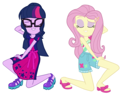 Size: 1584x1230 | Tagged: safe, artist:kuco, fluttershy, sci-twi, twilight sparkle, equestria girls, g4, i'm on a yacht, my little pony equestria girls: better together, clothes, cute, dress, duo, eyes closed, eyeshadow, feet, female, geode of fauna, glasses, legs, magical geodes, makeup, one shoulder, ponytail, pose, sandals, shoes, shorts, simple background, skirt, smiling, transparent background, vector