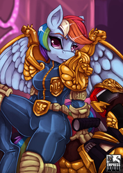 Size: 707x1000 | Tagged: safe, artist:empressbridle, rainbow dash, anthro, g4, breasts, female, judge dredd, megacity judge outfit, motorcycles, pinup, solo
