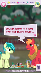 Size: 750x1334 | Tagged: safe, budge studios, big macintosh, sandbar, earth pony, pony, g4, my little pony pocket ponies, dialogue, duo, out of context, screenshots, tongue out