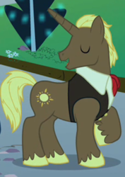 Size: 513x723 | Tagged: safe, screencap, chocolate sun, pony, unicorn, g4, the best night ever, at the gala, background pony, clothes, eyes closed, male, raised hoof, solo, stallion, vest