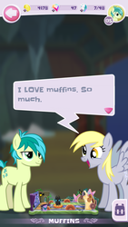 Size: 750x1334 | Tagged: safe, budge studios, derpy hooves, sandbar, pony, g4, my little pony pocket ponies, dialogue, duo, muffin, screenshots, that one nameless background pony we all know and love, that pony sure does love muffins