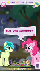 Size: 750x1334 | Tagged: safe, budge studios, pinkie pie, sandbar, pony, g4, my little pony pocket ponies, dialogue, duo, out of context, screenshots