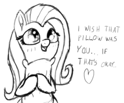 Size: 1154x962 | Tagged: safe, artist:nuxersopus, fluttershy, pony, g4, cute, female, heart, monochrome, pillow, shyabetes, solo, text