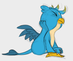 Size: 1020x843 | Tagged: safe, artist:foal, gallus, griffon, g4, behaving like a cat, birb, catbird, cheek fluff, chest fluff, chickub, claws, cute, eyes closed, frown, gallabetes, griffon scratch, griffons doing cat things, head tilt, male, one eye closed, paw pads, paws, scratching, simple background, sitting, solo, spread wings, tail, talons, underpaw, white background, wings, younger
