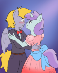Size: 800x1000 | Tagged: safe, artist:empyu, crackle pop, liza doolots, petunia, tootsie flute, pegasus, unicorn, anthro, g4, blushing, bow, bowtie, clothes, dress, duo, female, looking at each other, male, shipping, smiling, straight, suit, tootsiepop