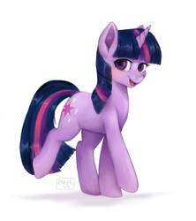 Size: 1263x1423 | Tagged: safe, artist:riukime, twilight sparkle, pony, unicorn, g4, cute, female, looking at you, mare, open mouth, simple background, solo, twiabetes, unicorn twilight, walking, white background