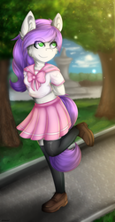 Size: 1344x2592 | Tagged: safe, artist:deraniel, oc, oc only, oc:lavender sunrise, anthro, anthro oc, clothes, cute, ear fluff, happy, outdoors, park, pleated skirt, sailor uniform, shoes, skirt, smiling, socks, solo, thigh highs, uniform, ych result