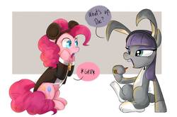 Size: 1440x950 | Tagged: safe, artist:riukime, maud pie, pinkie pie, g4, animal costume, betrayal, bugs bunny, bunny costume, carrot, clothes, collaboration, cosplay, costume, eating, food, gasp, herbivore, looney tunes, male, mickey mouse, open mouth