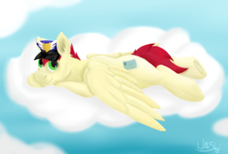 Size: 4292x2893 | Tagged: safe, alternate version, artist:saxpony, care package, special delivery, pegasus, pony, g4, cloud, digital painting, looking at you, lying down, mailpony, male, painting, stallion