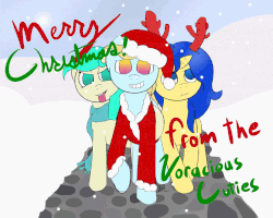 Size: 1200x960 | Tagged: safe, artist:voraciouscutie, oc, oc only, oc:blueberry crepe, oc:dutchie mills, oc:frozen star, earth pony, pegasus, pony, adorable face, animated, christmas, clothes, cute, fake antlers, gif, hat, holiday, santa hat, scarf, snow, winter