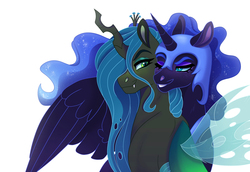 Size: 2100x1443 | Tagged: dead source, safe, artist:cascayd, nightmare moon, queen chrysalis, alicorn, changeling, changeling queen, pony, g4, bedroom eyes, blushing, crown, eyeshadow, female, floppy ears, freckles, hug, jewelry, lesbian, lidded eyes, makeup, mare, nuzzling, regalia, ship:chrysmoon, shipping, simple background, sitting, smiling, spread wings, white background, winghug, wings
