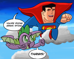 Size: 3000x2400 | Tagged: safe, spike, dragon, g4, dc comics, flying, high res, justice league, justice league action, male, superman, winged spike, wings