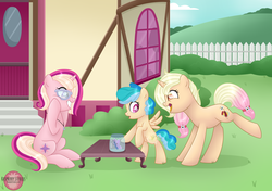 Size: 5069x3559 | Tagged: safe, artist:raspberrystudios, oc, oc only, oc:doodlebug, butterfly, pegasus, pony, unicorn, adopted offspring, cutie mark, female, fence, filly, grass, hill, house, mother and daughter, patreon, patreon reward, ponyville, table