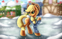 Size: 3070x1954 | Tagged: safe, artist:hoodiefoxy, applejack, earth pony, pony, g4, cowboy hat, female, hat, mare, ponyville, smiling, snow, snowfall, stetson