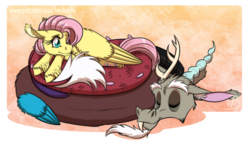 Size: 1800x1047 | Tagged: safe, artist:inuhoshi-to-darkpen, discord, fluttershy, draconequus, pegasus, pony, g4, abstract background, coils, cuddling, cute, discute, eyes closed, feathered fetlocks, female, male, mare, ship:discoshy, shipping, shyabetes, signature, smiling, straight, unshorn fetlocks