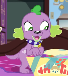 Size: 643x720 | Tagged: safe, screencap, spike, spike the regular dog, dog, equestria girls, equestria girls series, g4, reboxing with spike!, spoiler:eqg series (season 2), box, cropped, male, paws, sci-twi's room, spike's dog collar