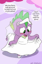 Size: 844x1280 | Tagged: safe, artist:caluriri, spike, dragon, blushing, clothes, crossdressing, dress, implied rarity, shoes, wedding dress, winged spike, wings