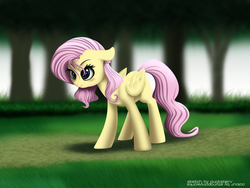Size: 2000x1500 | Tagged: safe, artist:pucksterv, artist:styroponyworks, fluttershy, pegasus, pony, g4, collaboration, female, forest, grass, mare, scenery, solo, tree