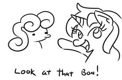 Size: 602x395 | Tagged: safe, artist:jargon scott, bon bon, lyra heartstrings, sweetie drops, earth pony, pony, unicorn, g4, black and white, bon bon is not amused, bust, dialogue, duo, female, grayscale, looking at you, mare, monochrome, open mouth, pointing, simple background, unamused, white background