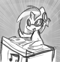 Size: 1154x1207 | Tagged: safe, artist:zutcha, dj pon-3, vinyl scratch, pony, unicorn, g4, black and white, female, grayscale, headphones, mare, monochrome, open mouth, sketch, smiling, solo, turntable