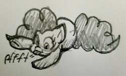 Size: 1280x770 | Tagged: safe, artist:zutcha, pinkie pie, earth pony, pony, g4, female, lying down, mare, monochrome, raspberry noise, simple background, sketch, solo, tongue out, traditional art, underhoof, white background