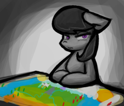 Size: 642x547 | Tagged: safe, artist:zutcha, octavia melody, earth pony, pony, g4, board game, female, floppy ears, glare, gradient background, looking at you, mare, risk, solo, unamused
