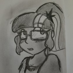 Size: 1280x1280 | Tagged: safe, artist:zutcha, sci-twi, twilight sparkle, equestria girls, g4, blushing, bust, female, glasses, looking away, monochrome, open mouth, portrait, simple background, sketch, solo, traditional art, white background