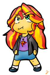 Size: 487x720 | Tagged: safe, artist:zutcha, sunset shimmer, equestria girls, g4, :i, chibi, clothes, cute, female, geode of empathy, jacket, magical geodes, mary janes, puffy cheeks, shoes, simple background, skirt, smol, socks, solo, sticker, transparent background, wavy mouth