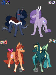 Size: 775x1032 | Tagged: safe, artist:artfestation, big macintosh, dumbbell, fluttershy, king sombra, princess luna, rainbow dash, rarity, spike, oc, oc only, dracony, earth pony, hybrid, pegasus, pony, unicorn, g4, adoptable, bow, braid, cape, clothes, colored hooves, colored wings, colored wingtips, dark background, dumbdash, eye mist, fangs, female, freckles, gradient legs, gray background, horns, interspecies offspring, male, mare, offspring, parent:big macintosh, parent:dumbbell, parent:fluttershy, parent:king sombra, parent:princess luna, parent:rainbow dash, parent:rarity, parent:spike, parents:dumbdash, parents:fluttermac, parents:lumbra, parents:sparity, ship:fluttermac, ship:lumbra, ship:sparity, shipping, simple background, slit pupils, sombra eyes, stallion, straight, tail bow
