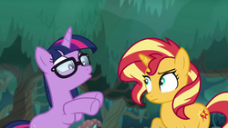 Size: 1920x1080 | Tagged: safe, screencap, sci-twi, sunset shimmer, twilight sparkle, pony, unicorn, equestria girls, equestria girls specials, g4, my little pony equestria girls: better together, my little pony equestria girls: spring breakdown, equestria girls ponified, female, glasses, looking at each other, mare, ponified, unicorn sci-twi