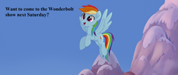 Size: 1920x804 | Tagged: safe, edit, edited screencap, editor:korora, screencap, rainbow dash, g4, my little pony: the movie, bronybait, cute, dashabetes, dialogue, implied wonderbolts, mountain, snow